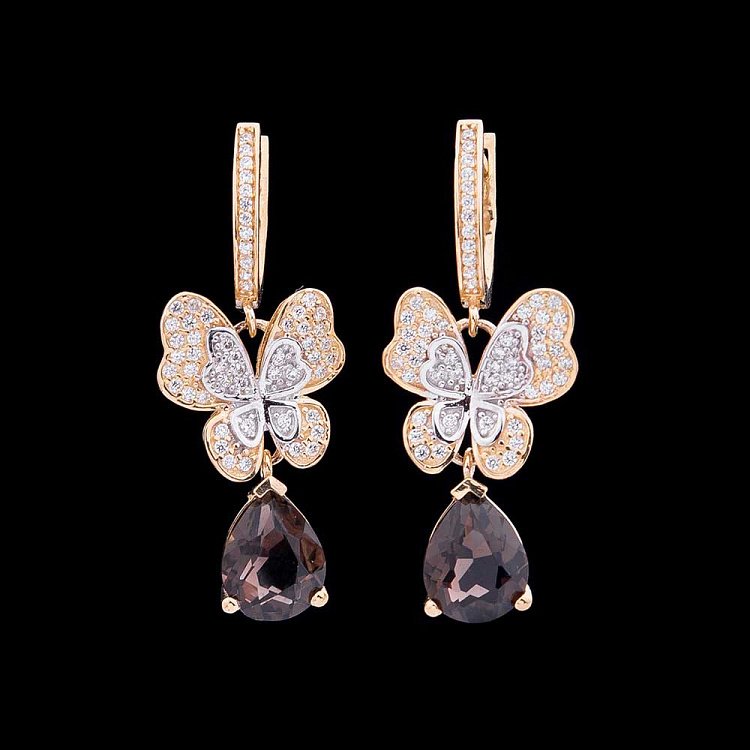 Золотые серьги "Бабочки" с дымч. кварцем и фианитами с03898 - 1 Золотые серьги "Бабочки" с дымч. кварцем и фианитами с03898 от ювелирного магазина Оникс - 1