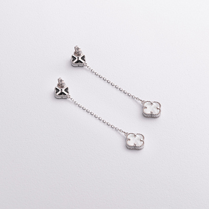 Серебряные серьги "Клевер на цепочке" (оникс, перламутр) 123513 №3