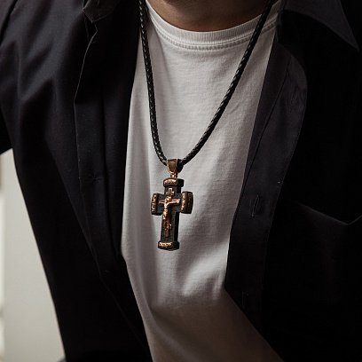 Мужской православный крест "Распятие. Спаси и Сохрани" из эбенового дерева и золота 0001 №9