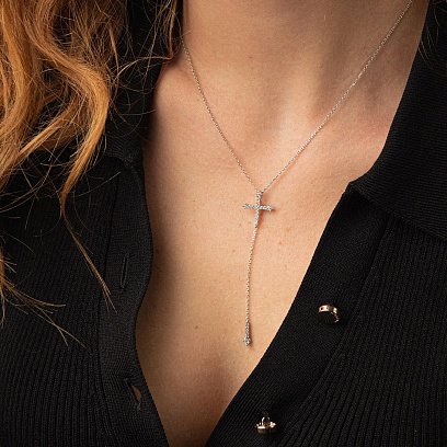 Золоте кольє - краватка "Хрестик" з діамантами колб0066ca №3