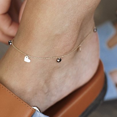 Золотой браслет "Сердечки и монетка" на ногу (черные фианиты) б04794 №2