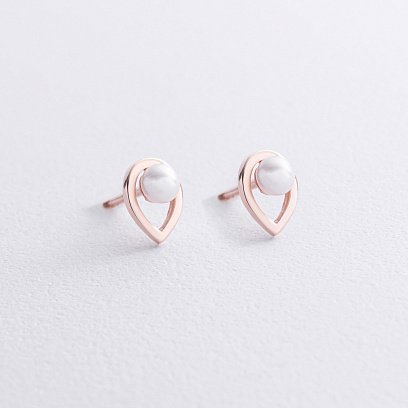 Серьги - пусеты "Капельки" с жемчугом (красное золото) с09054