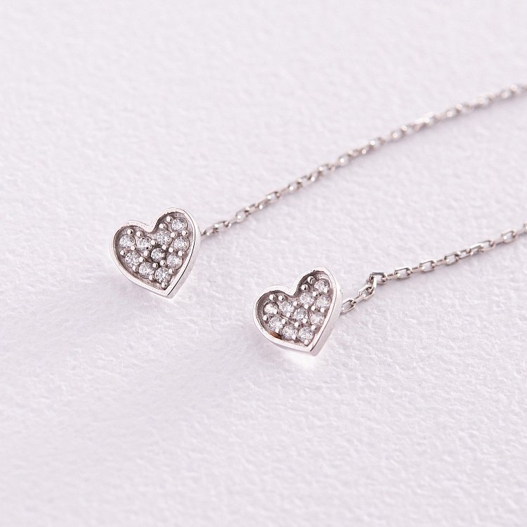 Серьги - протяжки "Сердечки" в белом золоте (фианиты) с08084 от ювелирного магазина Оникс - 3