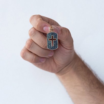 Золота підвіска "Жетон з хрестом" (чорні фіаніти) п02498 №2