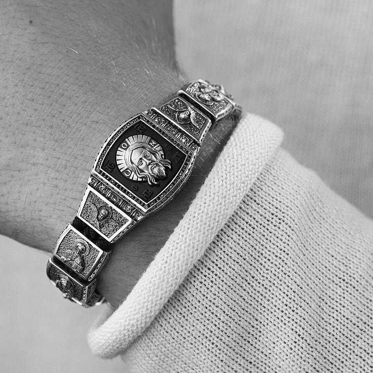 Срібний браслет "Господь Вседержитель. Образи святих" (ебенове дерево, фіаніт) 944 від ювелірного магазину Онікс - 3