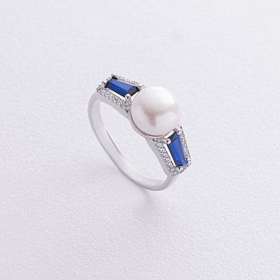 Серебряное кольцо с жемчугом, гидротерм. сапфирами и фианитами 1838-1р-PWTNS