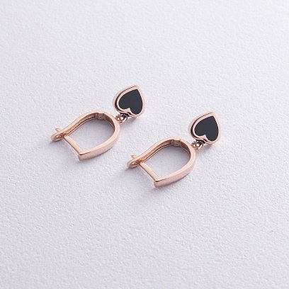 Серьги "Сердечки" в красном золоте (эмаль) с07468 №7