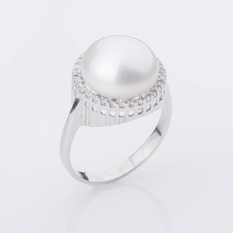 Золота каблучка з фіанітами і культ. прісн. перлами к02843 від ювелірного магазину Онікс - 5