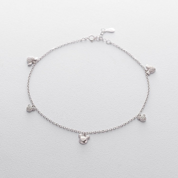 Срібний браслет на ногу з мишками і серцями 14971 від ювелірного магазину Онікс
