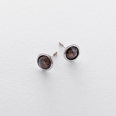 Золотые серьги-пусеты (дымчатый кварц) с06297