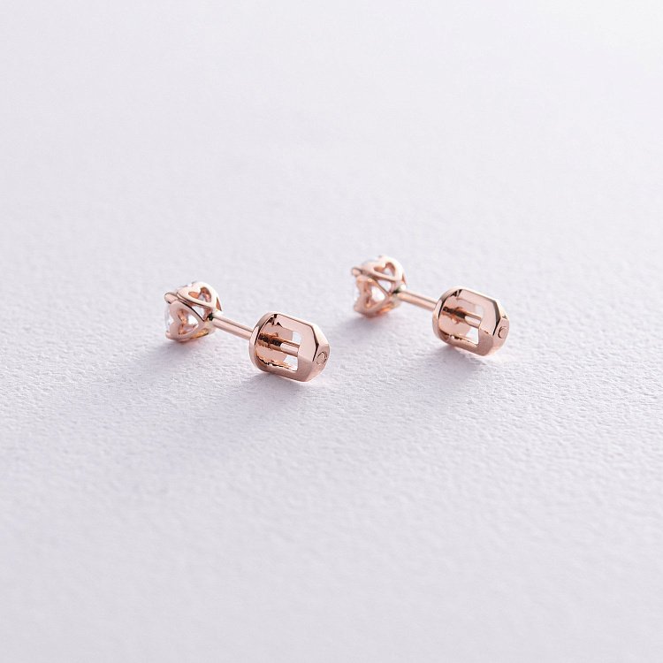 Серьги - пусеты "Сердечки" в красном золоте (фианиты) с06034 от ювелирного магазина Оникс - 4