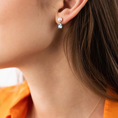 Золоті сережки - пусети "Альма" (блакитні фіаніти, перли) с08253 №10