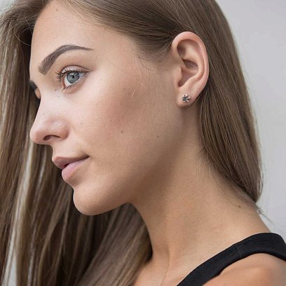 Золотые серьги - пусеты с топазом "Лондон блю" и фианитами с01933 №4