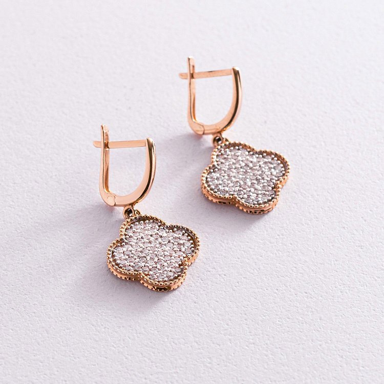 Золоті сережки "Конюшина" з фіанітами с04978 від ювелірного магазину Онікс