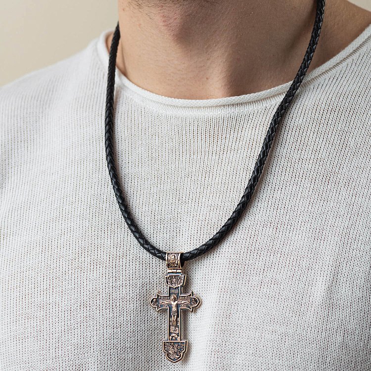 Золотий хрестик "Розп'яття. Спаси і Збережи" (чорніння) п03218 від ювелірного магазину Онікс - 1