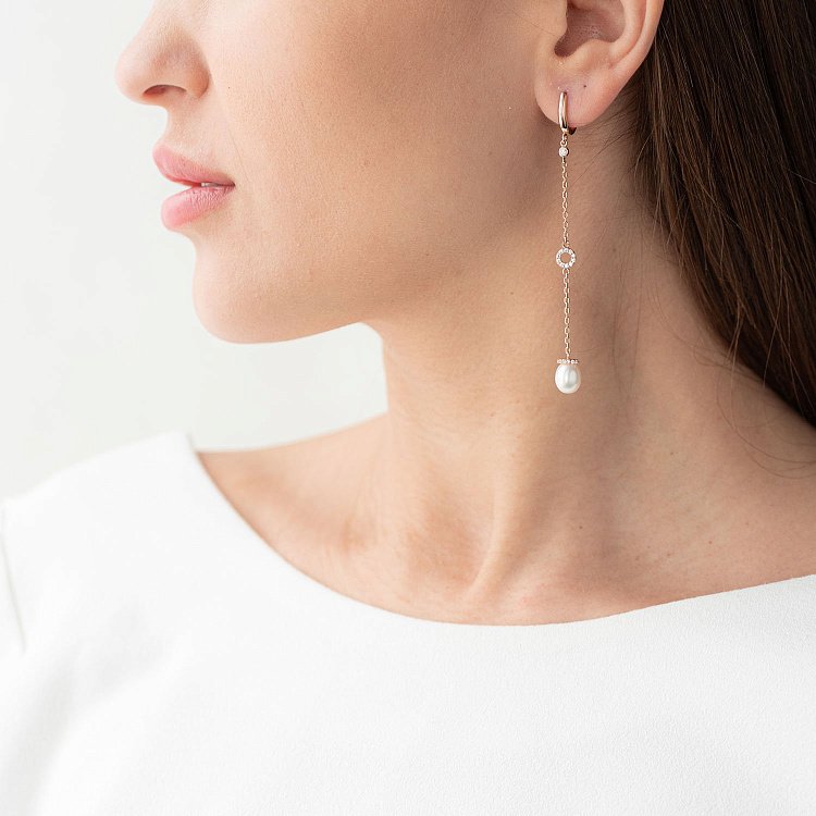 Золотые серьги (жемчуг, фианиты) с06884 от ювелирного магазина Оникс - 1