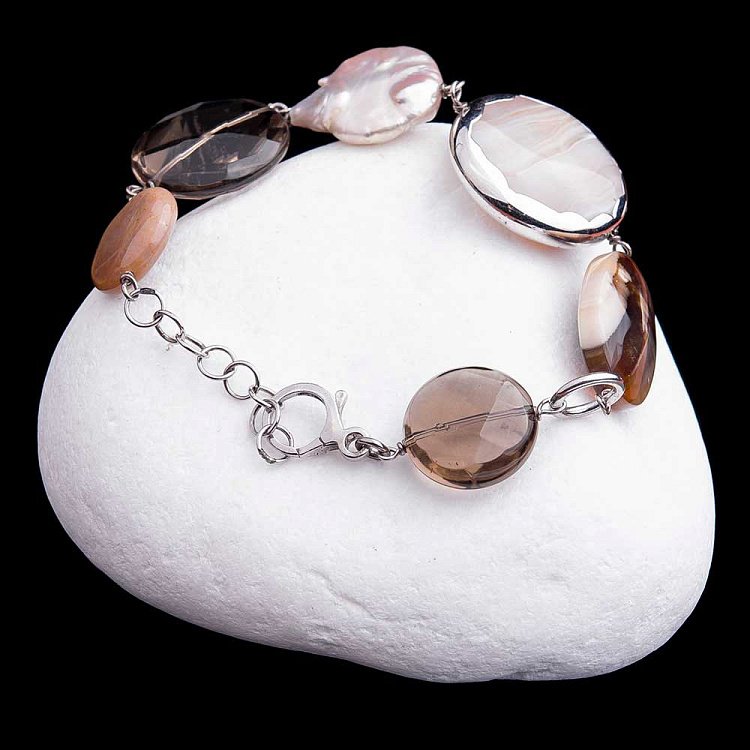 Браслет с агатом, кварцем дымчатым и культ. пресн. жемчугом BRDR084 от ювелирного магазина Оникс - 2