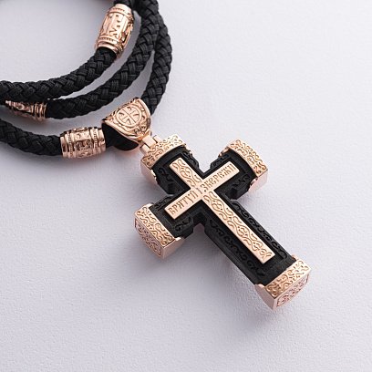 Чоловічий православний хрест з ебенового дерева та золота "Розп'яття. Спаси та Збережи" (на шнурку) кол02244 №7