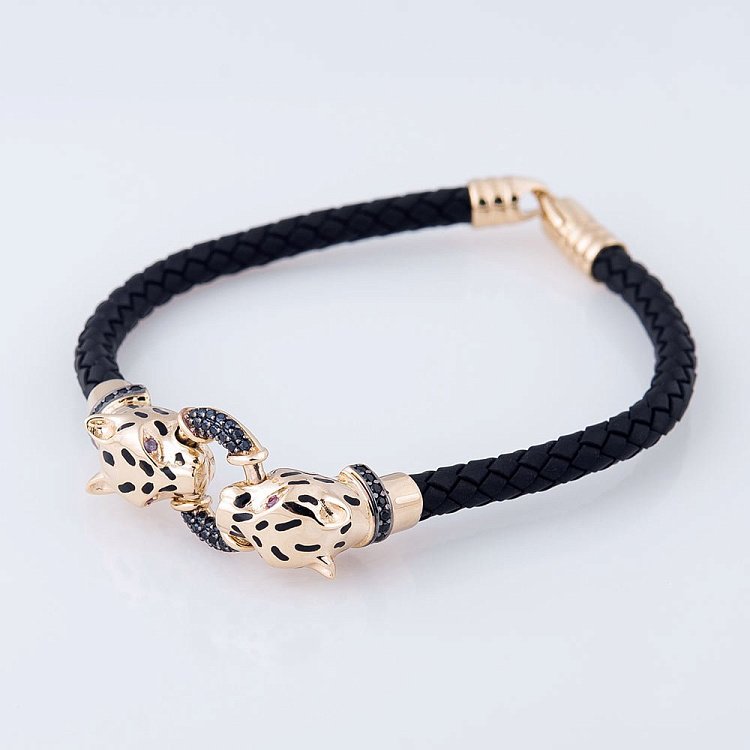 Каучуковий браслет в золоті "Пантери" з емаллю і фіанітами б02365 від ювелірного магазину Онікс