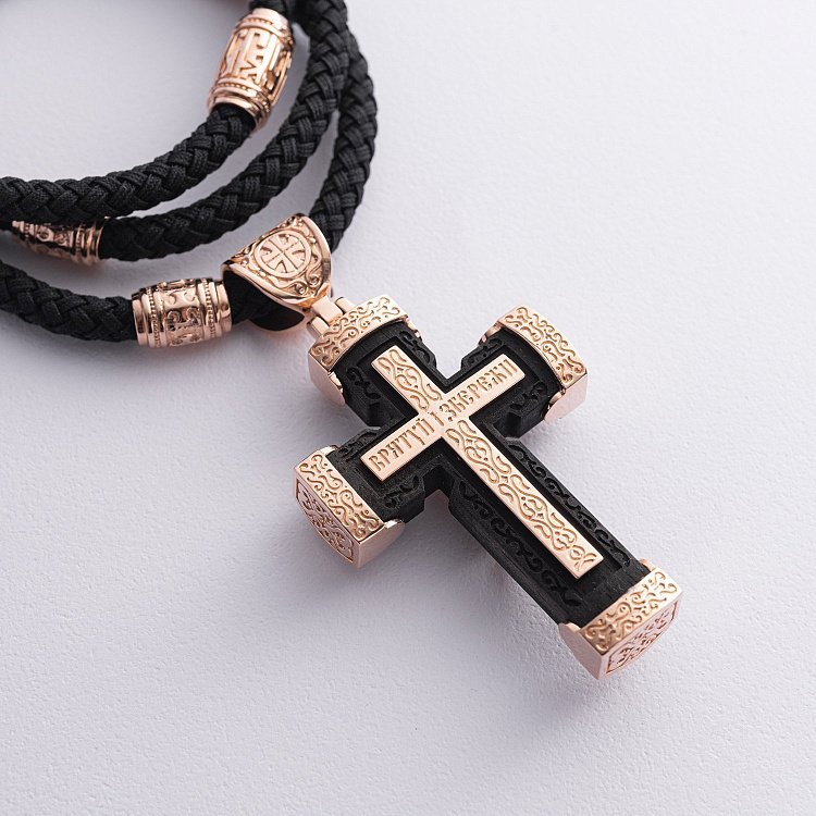 Чоловічий православний хрест з ебенового дерева та золота "Розп'яття. Спаси та Збережи" (на шнурку) кол02244 від ювелірного магазину Онікс - 6