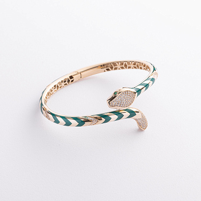 Жесткий браслет "Змея" в желтом золоте (фианиты, эмаль) б05170 №2