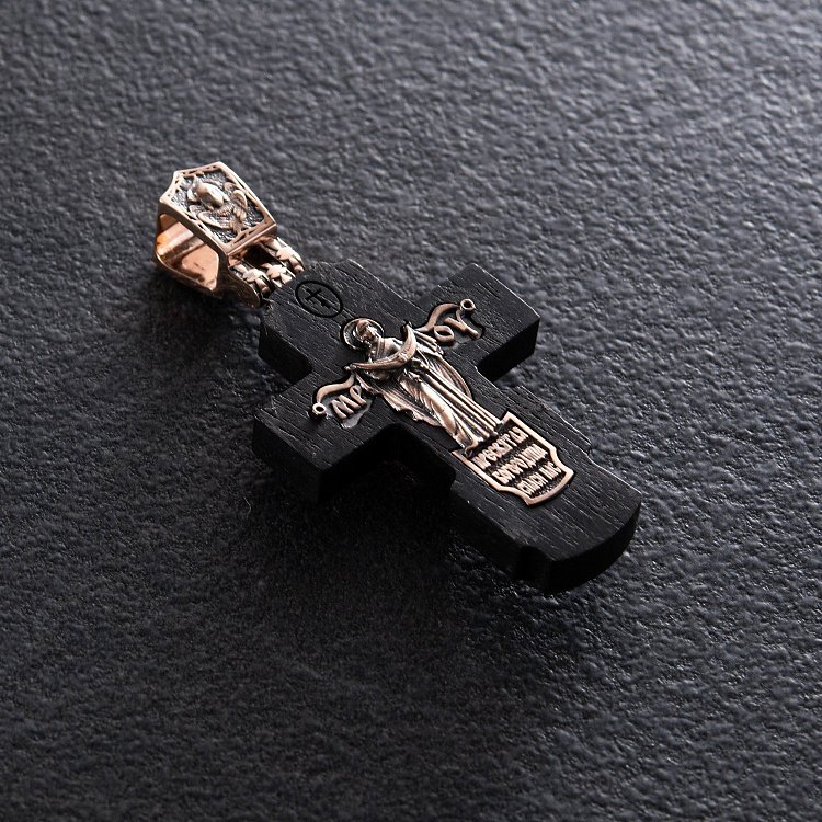 Золотой крест "Распятие. Пресвятая Богородица" с эбеновым деревом 632зч от ювелирного магазина Оникс - 7