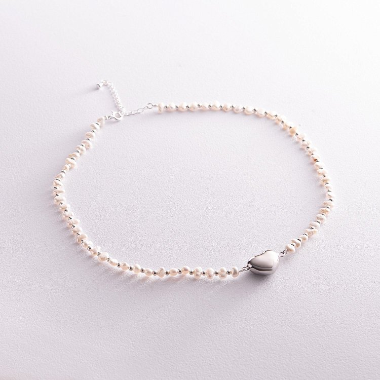 Серебряное колье "Сердце" с жемчугом 181234 от ювелирного магазина Оникс - 1