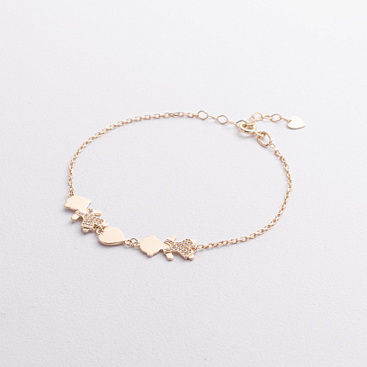 Браслет "Два хлопчика і сердечко" у жовтому золоті (фіаніти) б05656