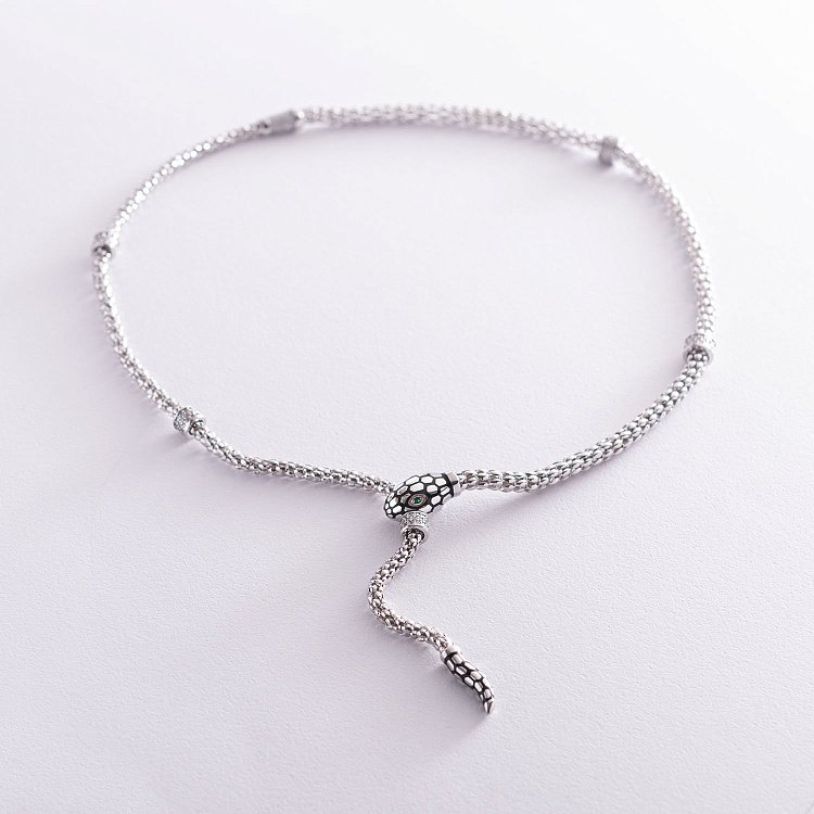 Кольє "Змія" в білому золоті (фіаніт, емаль) кол01726 від ювелірного магазину Онікс