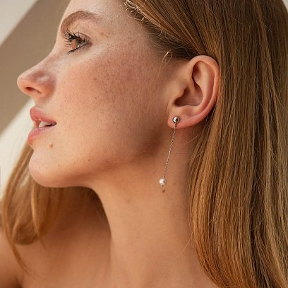 Серьги - пусеты "Жемчужина на цепочке" в белом золоте с08313 №2