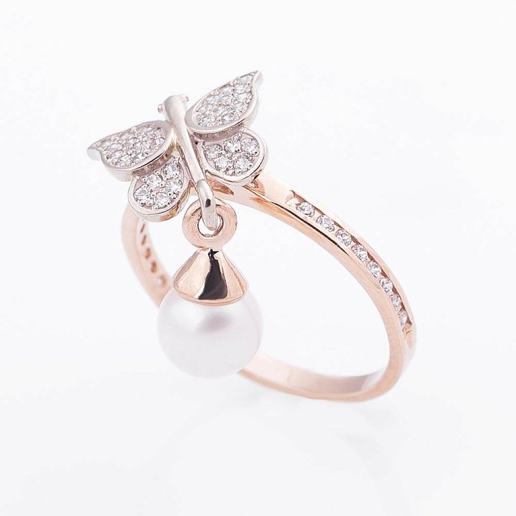 Золотое кольцо "Бабочка" с культивированным пресноводным жемчугом и фианитами 02-0702.0.4310 от ювелирного магазина Оникс - 1