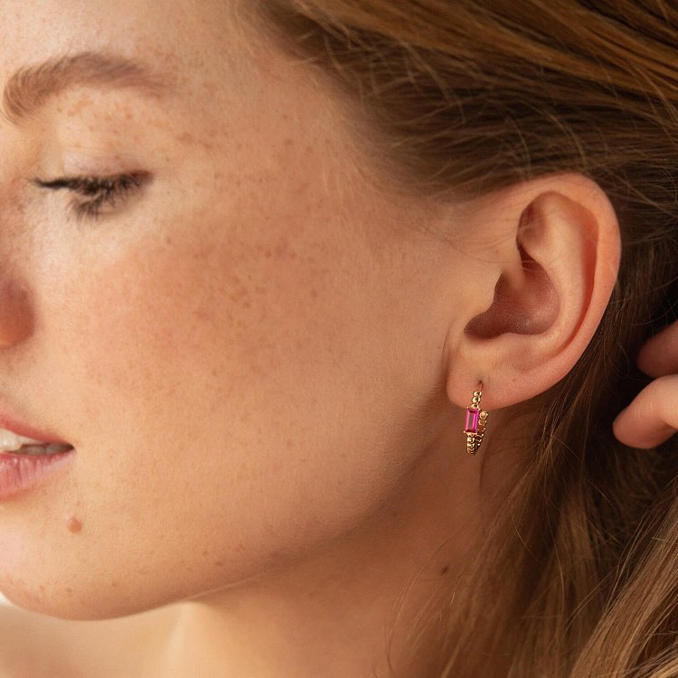 Золотые серьги - кольца "Аннабель" с розовыми фианитами с08499 от ювелирного магазина Оникс - 3