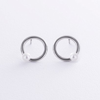 Серебряные серьги-пусеты "Круговорот" с жемчугом 122593 №3