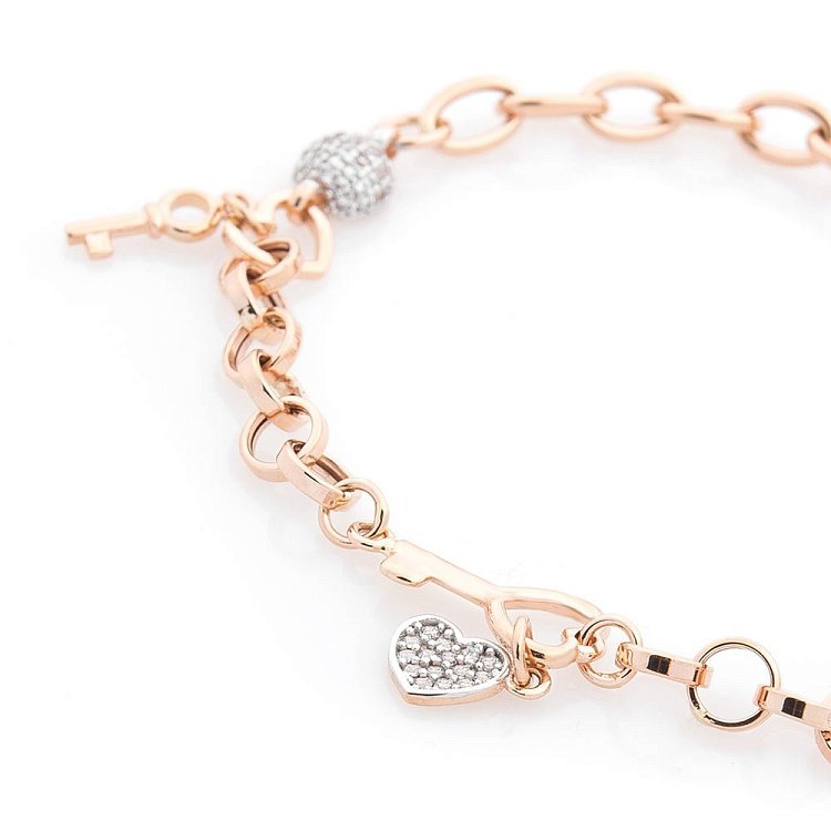 Золотий браслет "Сердечко і ключик" з фіанітами б03312 від ювелірного магазину Онікс - 1