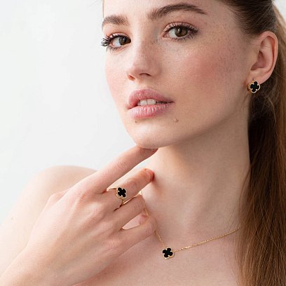 Золотые серьги "Клевер" с ониксом с06169 №2