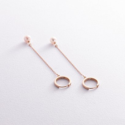 Серьги - кольца "Жемчужина на цепочке" в красном золоте с08355 №3