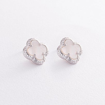Серебряные серьги - пусеты "Клевер" (перламутр, фианиты) 158/1п