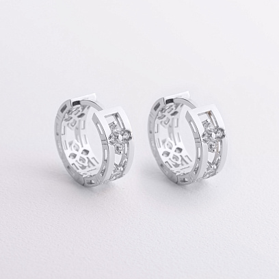 Серьги - кольца "Клевер" в белом золоте (фианиты) с09564