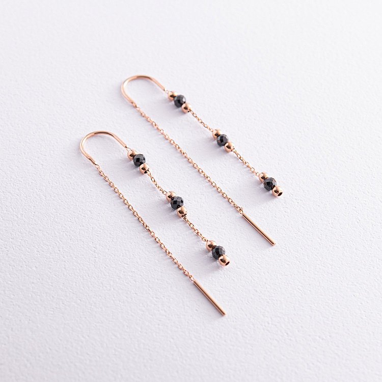 Золотые серьги - протяжки "Шарики" (черные фианиты) с07996 от ювелирного магазина Оникс