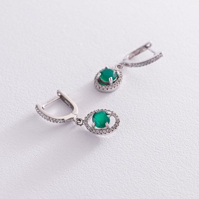 Серебряные серьги с хризопразами и фианитами 121404 №3