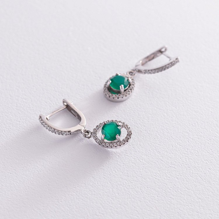 Серебряные серьги с хризопразами и фианитами 121404 от ювелирного магазина Оникс - 2