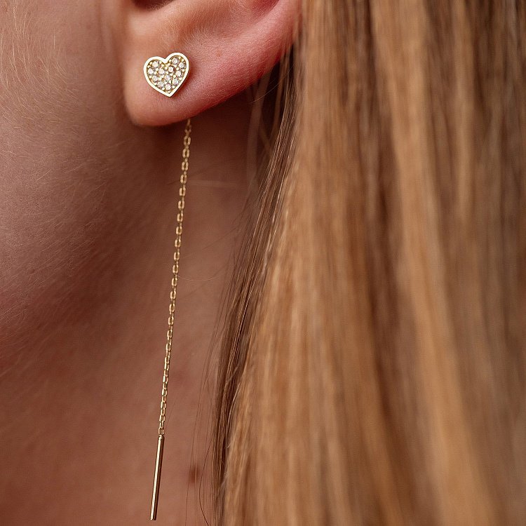 Серьги - протяжки "Сердечки" в желтом золоте (фианиты) с08069 от ювелирного магазина Оникс - 3