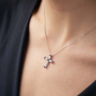 Крестик в белом золоте (бриллианты, сапфиры) пб0392ca №4