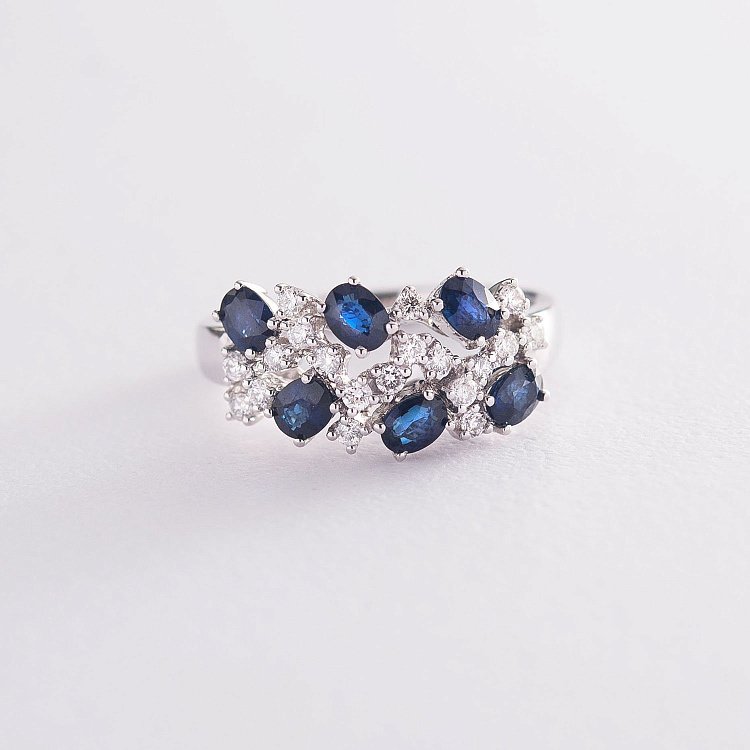 Золота каблучка з сапфірами і діамантами R3843Scha від ювелірного магазину Онікс