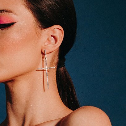 Серебряные серьги "Кресты" с белыми фианитами  3610 №5