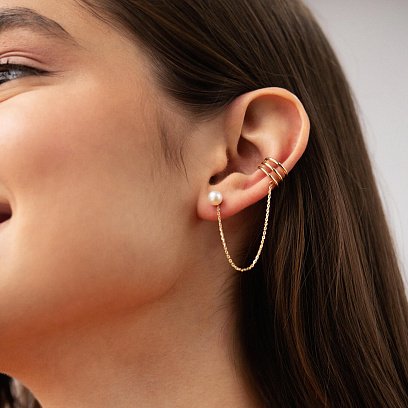 Сережка - каффа "Трініті" з перлиною (жовте золото) с08260 №5