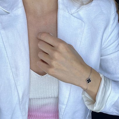 Подвійний браслет "Конюшина" в білому золоті (онікс) б04709 №7