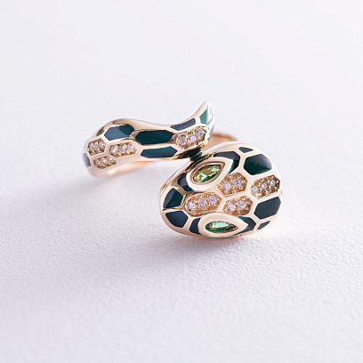Золотое кольцо "Змея" (эмаль, фианит) к06644