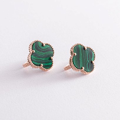 Золоті сережки "Конюшина" з малахітом с07533