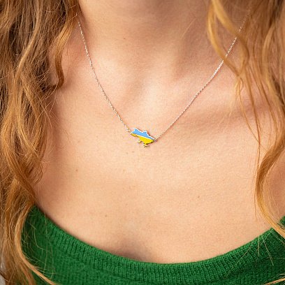 Колье "Карта Украины" в белом золоте (голубая и желтая эмаль) кол02333 №2